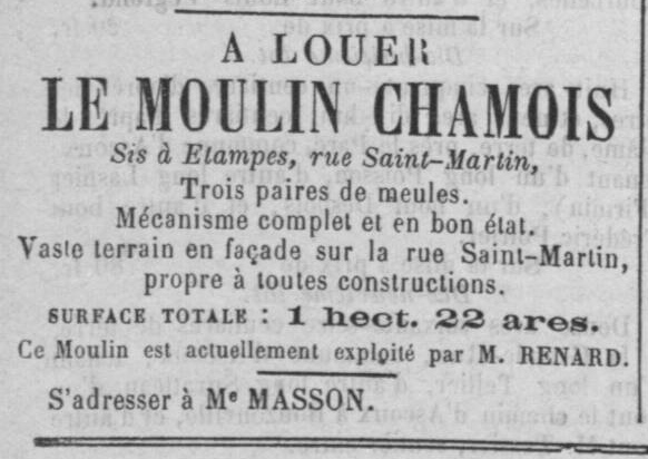 Mise en vente du moulin Chamois en  1888 (Abeille d'Etampes)