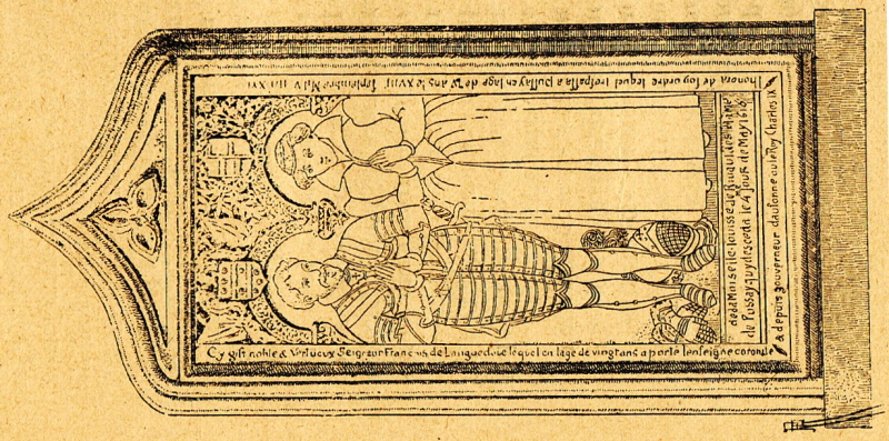 Stèle funéraire de François deLanguedoue (Pussay, 1596) croquée par René Ravault (1902)