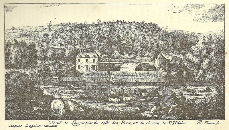 Albert Flamen: Vue de Longuetoise du côté des prés et du chemin de Saint-Hilaire (gravure)