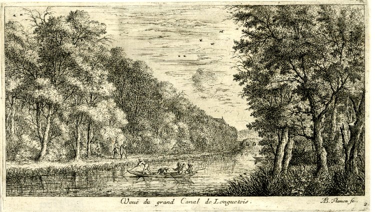 Albert Flamen: Vue du grand canal de Longuetoise du haut de la Petite Garenne (gravure)