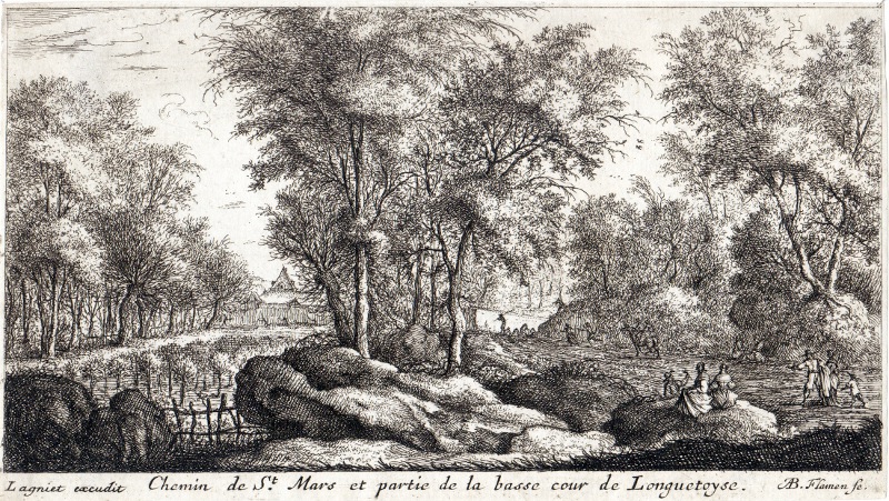 Albert Flamen: Chemin de Saint-Mars et partie de la Basse-Cour de Longuetoise (gravure)