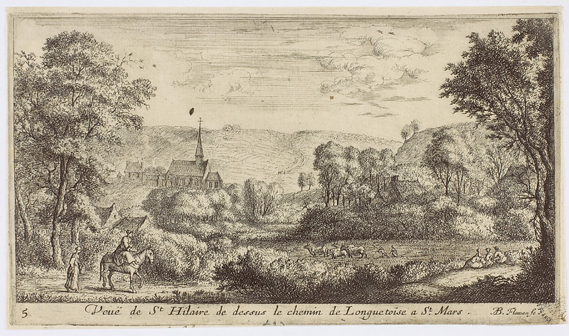 Albert Flamen: Vue du Saint-Hilaire de dessus le chemin de Longuetoise à Chalo-Saint-Mard (gravure)