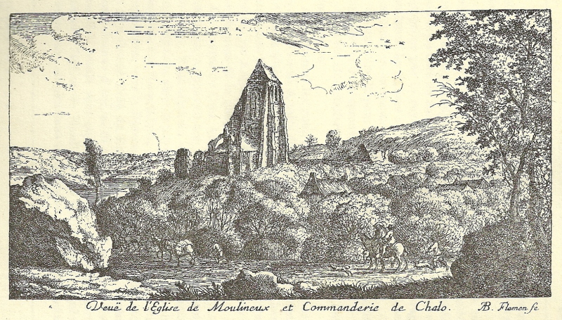 Albert Flamen: Vue de l'église de Moulineux et Commanderie de Chalou (gravure)