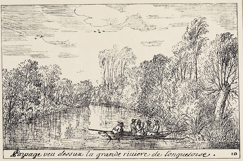Albert Flamen: Vue de la grande rivière de Longuetoise du haut de la Petite Garenne (gravure)