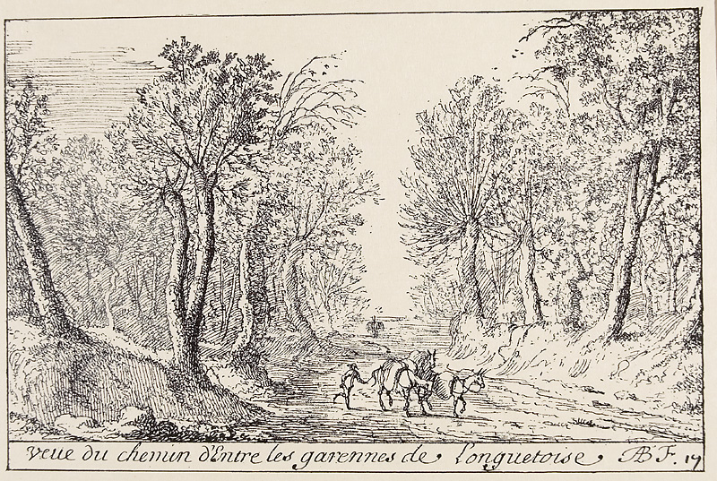 Albert Flamen: Vue du chemin d'entre les garennes de Longuetoise (gravure)
