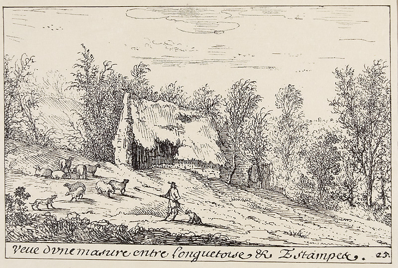 Albert Flamen: Vue d'une masure entre Longuetoise et Estampes (gravure)