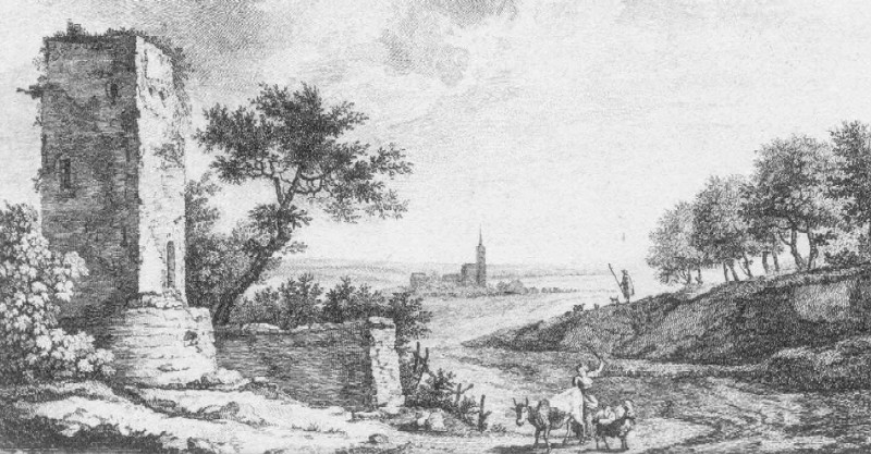 Tour de Brunehaut et chapelle Saint-Julien (gravure du 18e siècle)