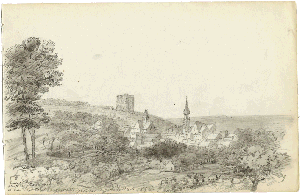 Vue d'Etampes et de la Tour de Guinette prise de Gérofosse (dessin au crayon, 1848)