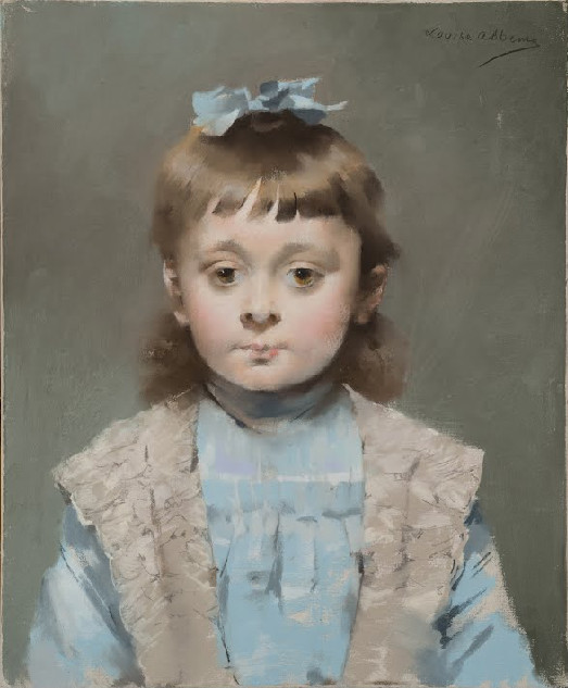 Louise Abbéma: Portrait d'une fillette au ruban bleu (pastel sur toile, vers 1895)