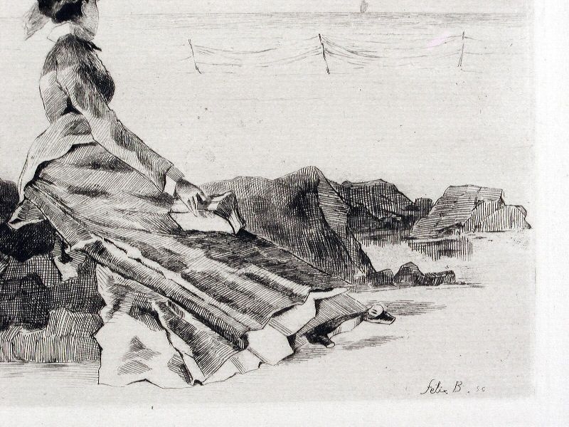 Louise Abbéma et Félix Buhot: Femme sur un rocher (eau-forte, 1874)