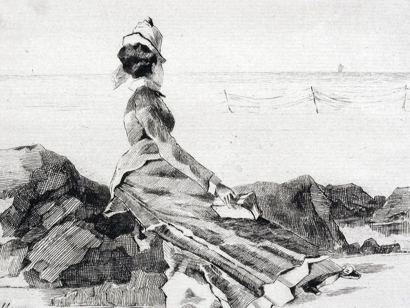 Louise Abbéma et Félix Buhot: Femme sur un rocher (eau-forte, 1874)