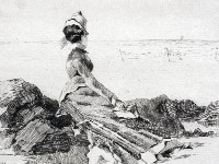 Louise Abb&eacute;ma et F&eacute;lix Buhot: Femme sur un rocher (eau-forte, 1874)