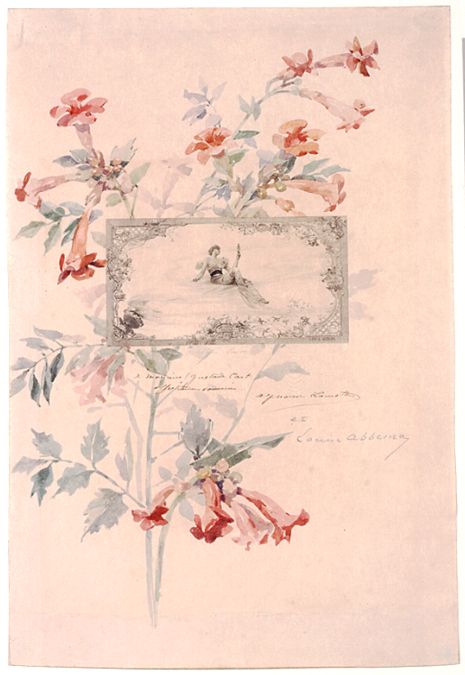 Louise Abbéma et Alfonse Lamotte: Composition florale entourant une gravure