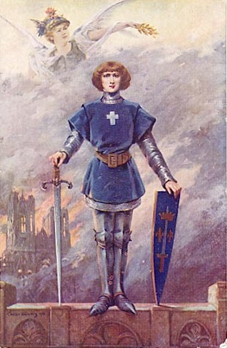 Louise Abbéma: Jeanne d'Arc devant la Cathédrale de Reims en flamme (carte postale patriotique, 1914, © 2003 Procureur et Harlaut)