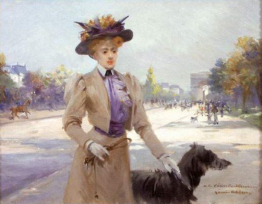 Louise Abbéma: Elégante et son chien avenue du bois (huile sur toile)