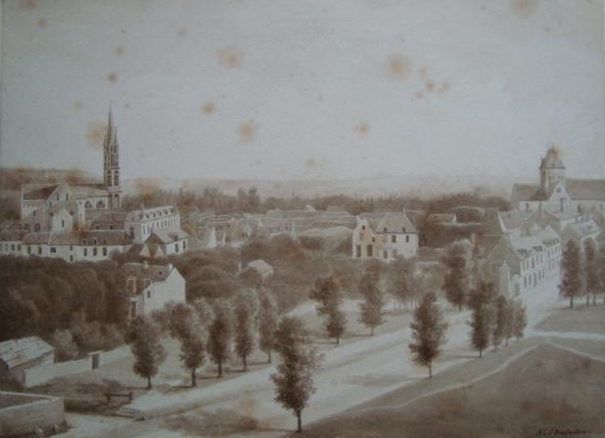 Lavis d'Abel Dufresne: Notre-Dame et Saint-Basile d'Etampes vues de l'Avenue de Paris (collection particulière)