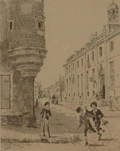 Narcisse Berchère: Rue Magne et le collège (lavis, 1889)