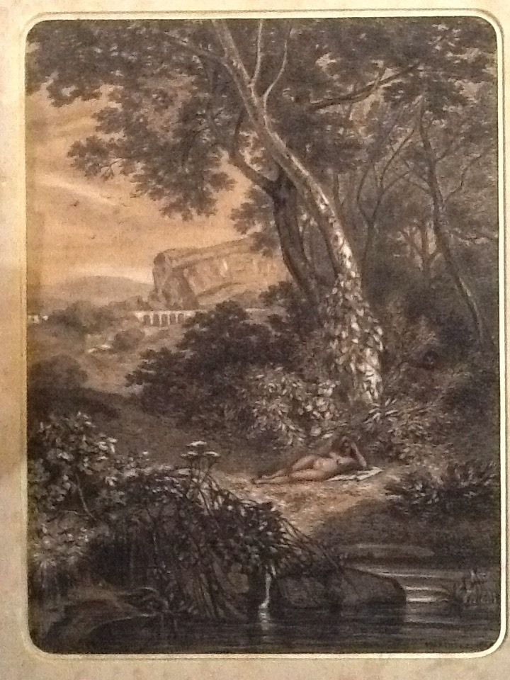 Narcisse Berchère: Source surprise par un satyre (dessin à la pierre noire, 1845)