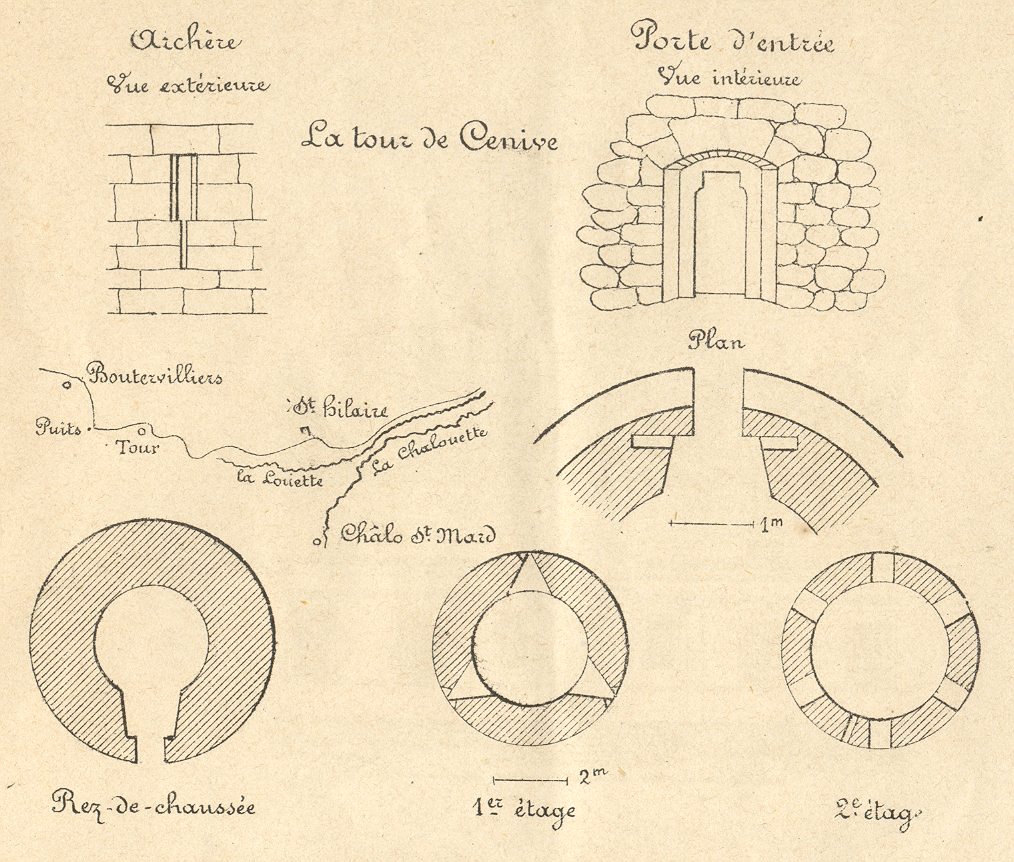 Léon Marquis: La tour de Cenive, plan, détails et coupes (croquis, 1873)