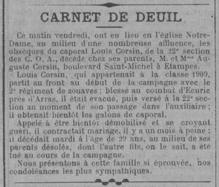 Fiche des autorités militaires sur la décès de Louis Corsin  en 1919