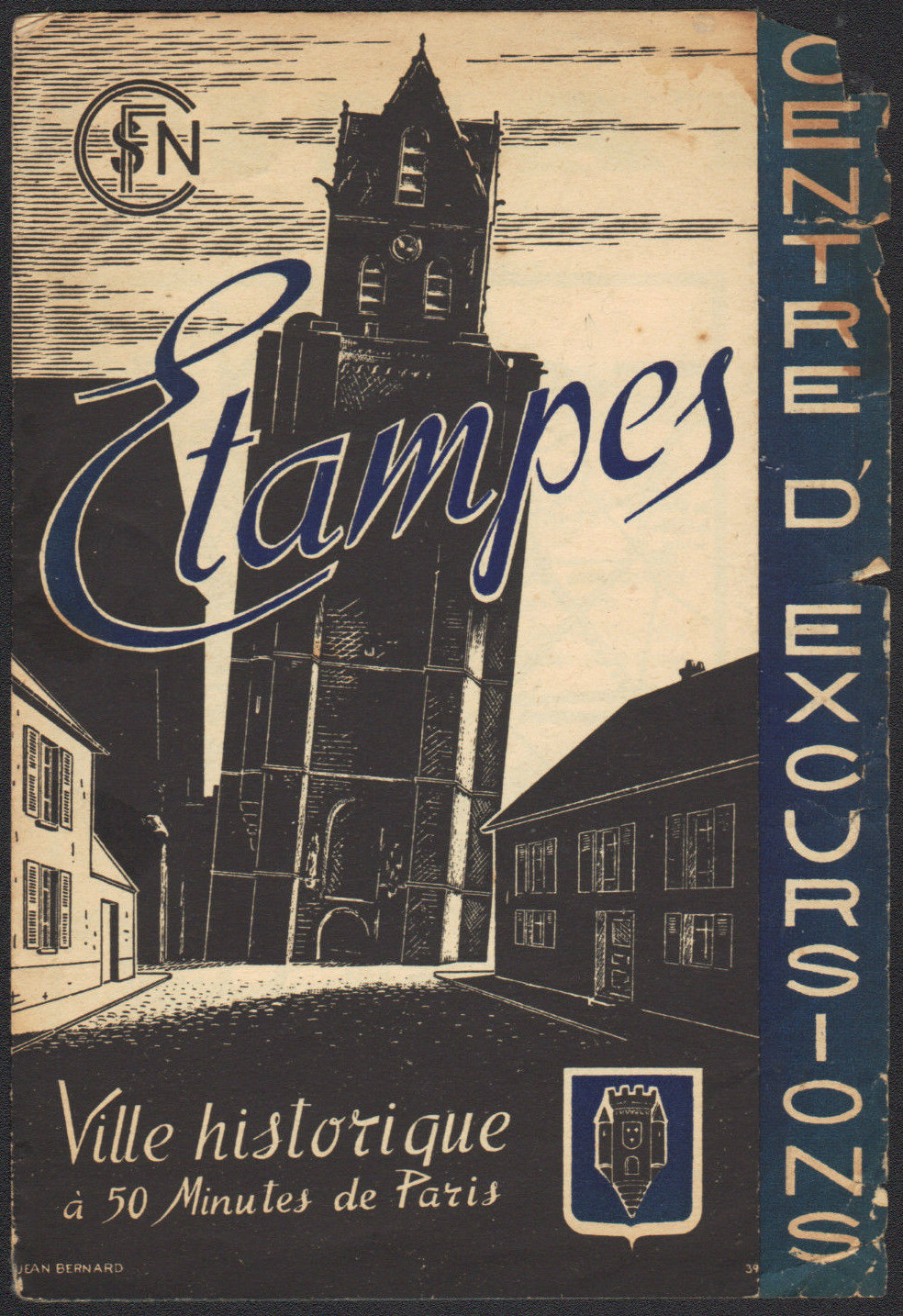 Jean Bernard: Le campanile de Saint-Martin d'Etampes dit la Tour Penche (gravure sur bois, vers 1938)