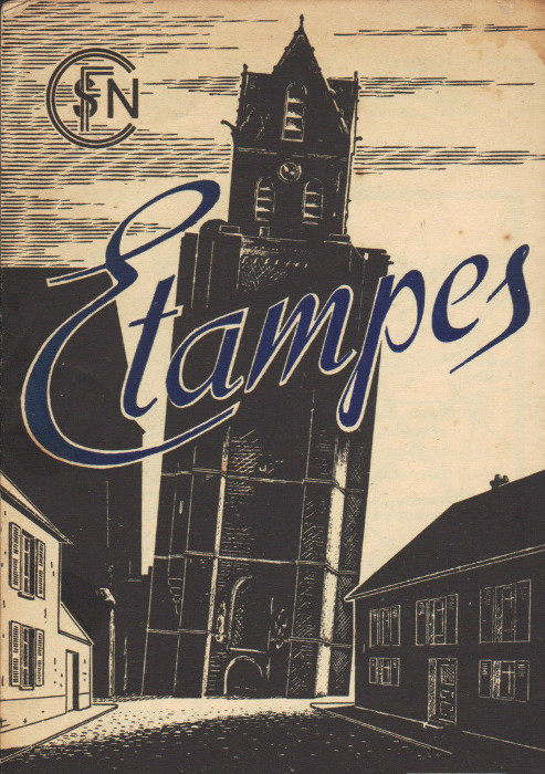 Jean Bernard: Le campanile de Saint-Martin d'Etampes dit la Tour Penche (gravure sur bois, vers 1938)