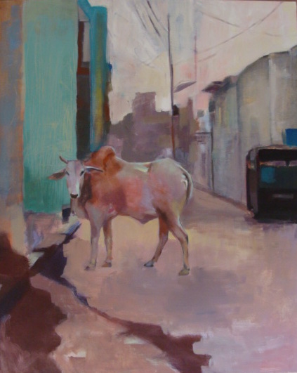 Sylvie Manjoo: Rue de Govardhan (huile sur toile, 81 cm sur 65)