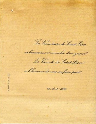 Faire-part de naissance du fils d'Arthur, Charles (1886)