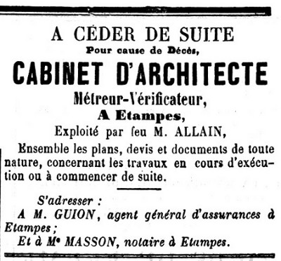Décès de Louis Allain (annonce dans l'Abeille d'Étampes des 22 et 29 mars 1890)