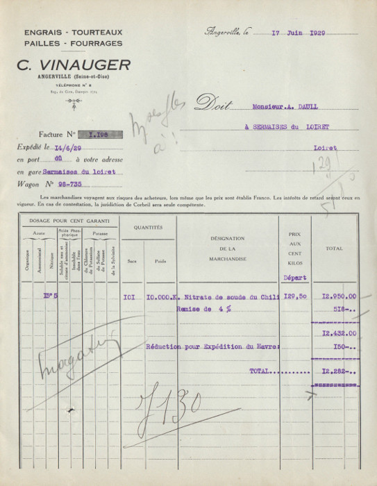 C. Vinauger, marchand d'engrais et de fourrage à Angerville (...1929...)
