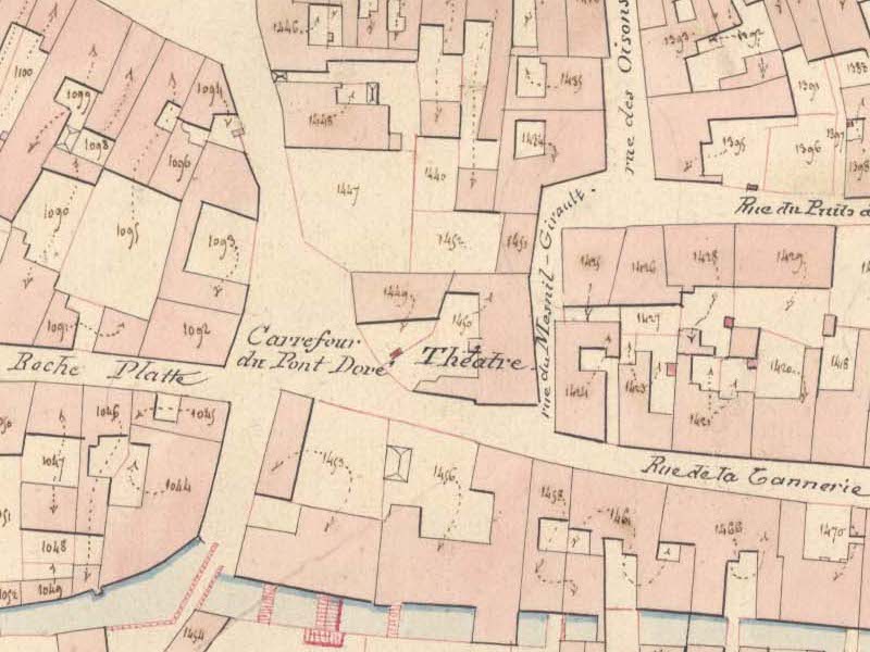 L'auberge et la salle du Coq-en-Pâte vers 1825 (plan du cadastre)