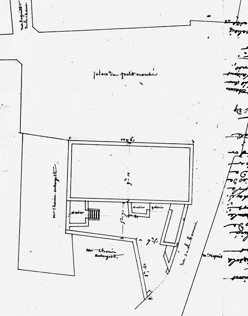 L'auberge et la salle du Coq-en-Pâte vers 1842 (archives municipales)