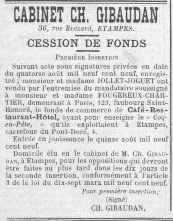 Vente du Coq-en-Pâte en 1909