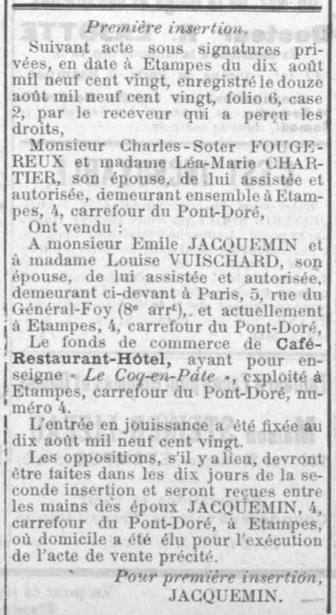 Vente du Coq-en-Pâte en 1920