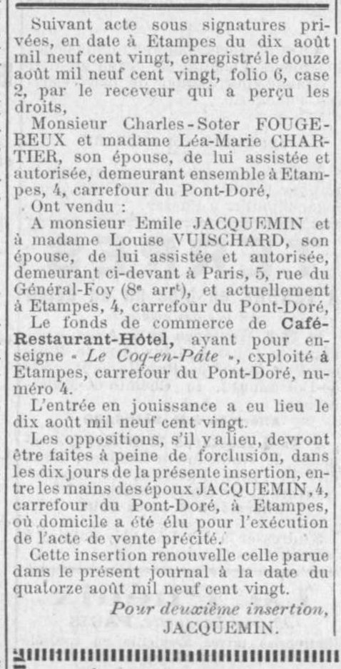 Vente du Coq-en-Pâte en 1920