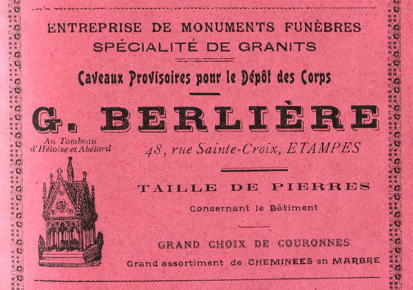 Réclame pour Georges Berlière, marbrier à Etampes en 1909