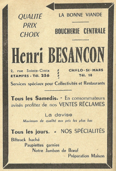 Réclame pour la boucherie d'Henri Besançon en 1958