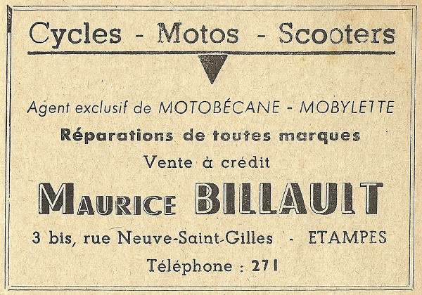 Réclame pour le magasin de Maurice Billault à Etampes en 1958