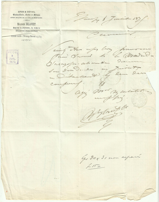Lettre d'Albin Blavet en 1875