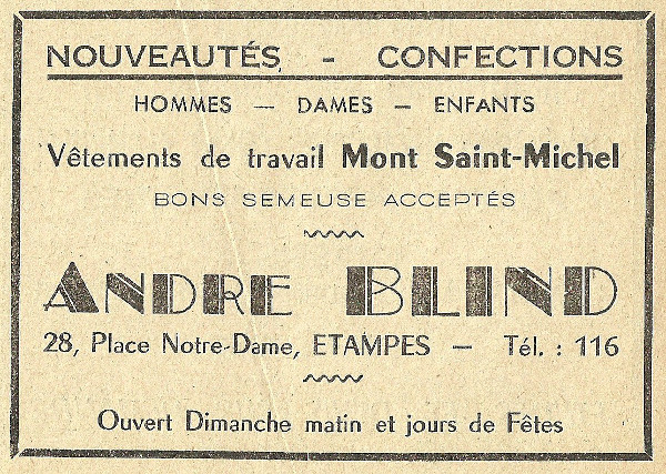 Réclame pour le magasin d'André Blind à Etampes en 1958