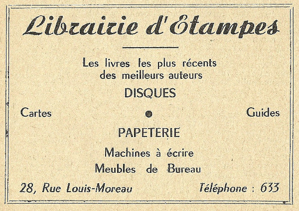 Réclame pour la Librairie d'Etampes, tenue par Philippe Bouissou à Etampes en 1958