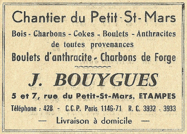 Réclame pour le Chantier du Petit-Saint-Mars, commerce de bois et charbons de J. Bouygues à Etampes en 1958