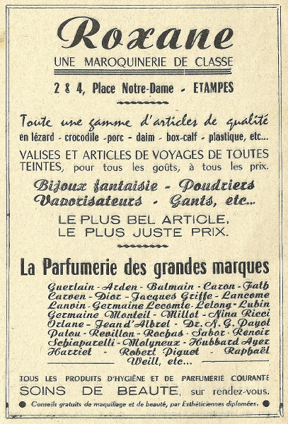 Réclame pour la maroquinerie de Mme Cautru à Etampes en 1958