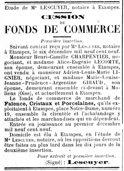 Annonce dans l'Abeille d'Etampes du 10 décembre 1909