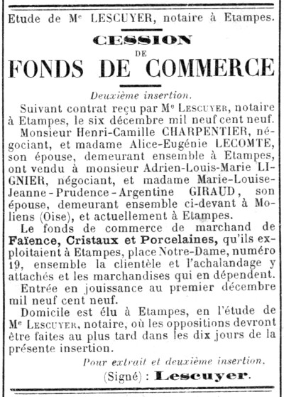 Annonce dans l'Abeille d'Etampes du 17 décembre 1909