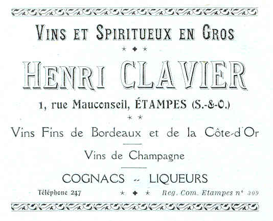 Réclame pour Henri Clavier, marchand de vins à Etampes, 1925