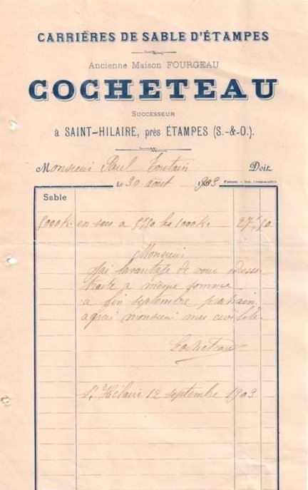 Cocheteau, carri&egrave;re de sable &agrave; Saint-Hilaire (facture, 1903)