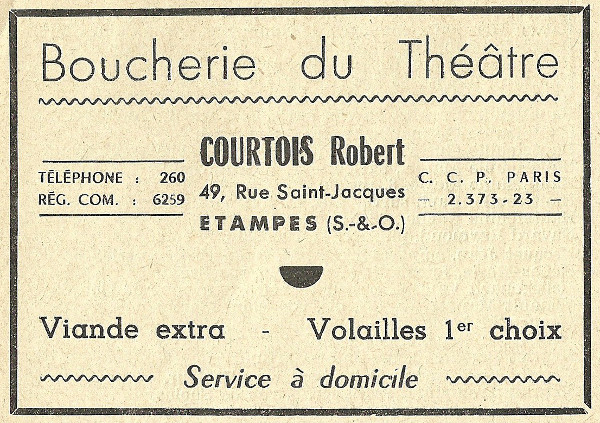 Réclame pour la boucherie du Théâtre à Etampes, tenue par Robert Courtois en 1958