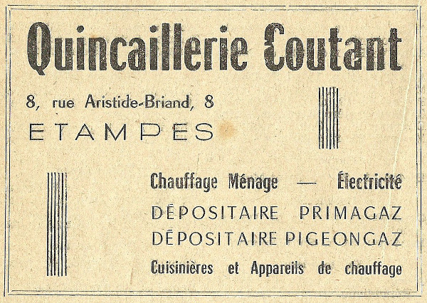 Réclame pour la quincaillerie Coutant à Etampes en 1958