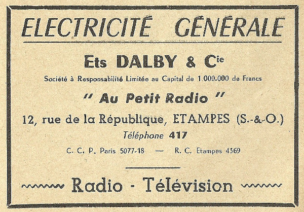 Réclame pour l'entreprise d'électricité générale Dalby à Etampes en 1958
